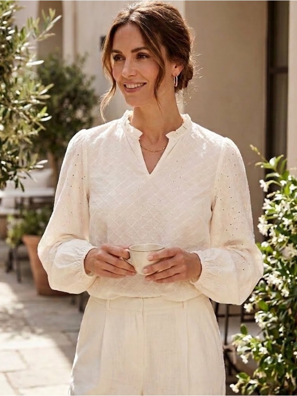 Part Two Cream Eyelet Ruffle Cotton Blouse 6  NWT- coastal minimalist romantic